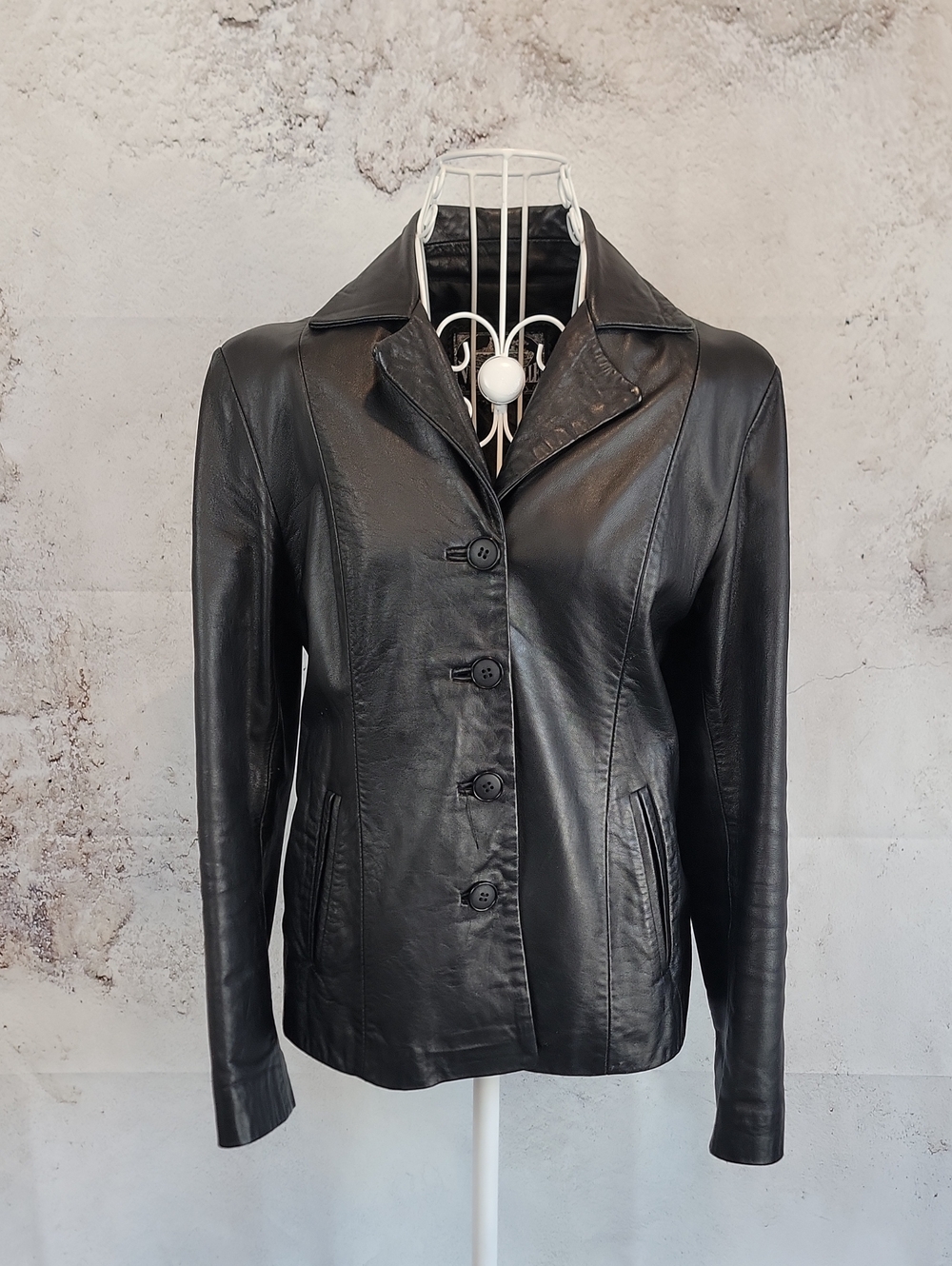 Vera Pelle Black Leather Button-Front Blazer Jacket Womens Size XS Vintage